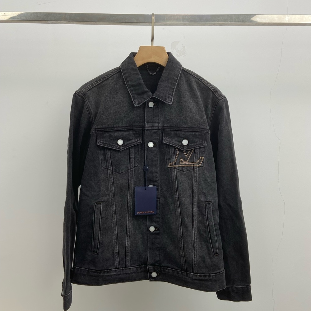 Louis Vuitton Washed Black Denim Jacket with Embroidered LV